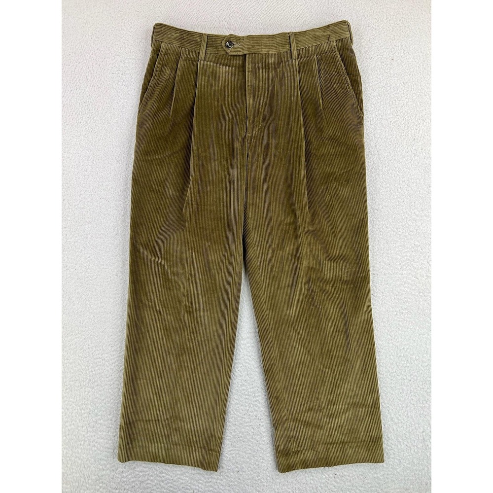 Berle Dress Pants Mens 34x27 Brown Corduroy Pleated Straight Leg Italy Fabric